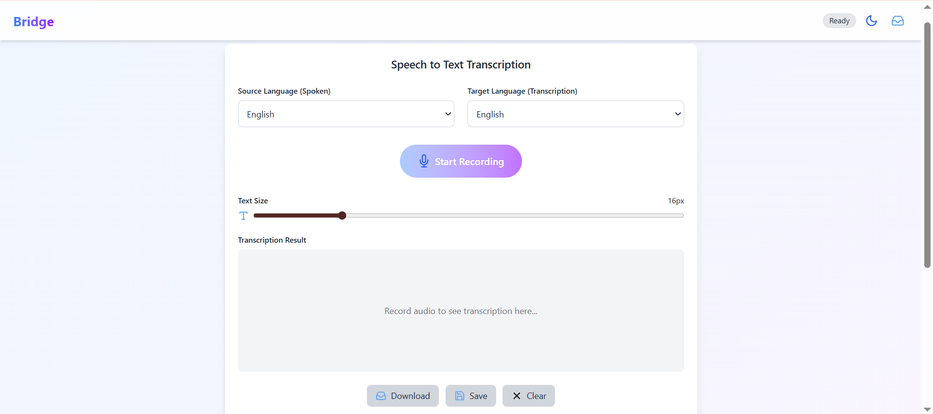 Screenshot of the Bridge app for language transcription and translation